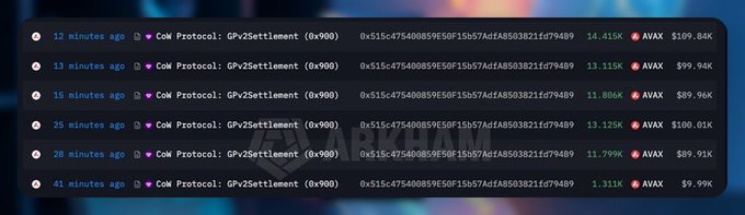 A screenshot showing multiple cryptocurrency transactions labeled 'CoW Protocol: GPv2Settlement (0x900)' with AVAX token transfers and USD values ranging from $89.91K to $109.84K.