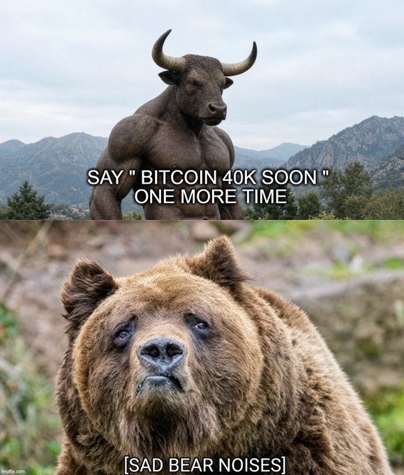 A two-panel meme contrasting a muscular bull statue captioned "SAY \"BITCOIN 40K SOON\" ONE MORE TIME" with a sad-looking bear below labeled "[SAD BEAR NOISES]".