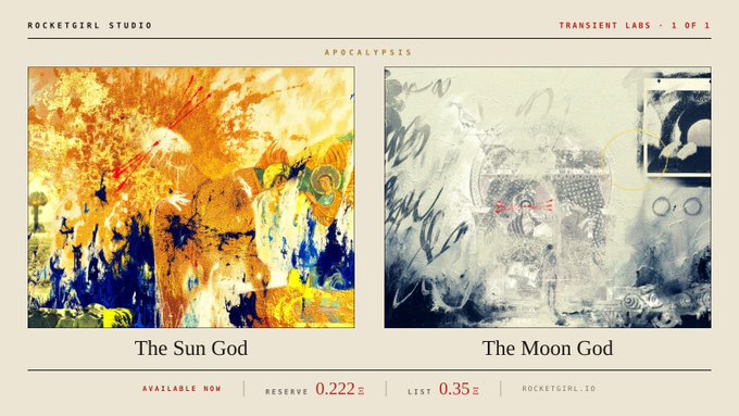 An NFT marketplace listing from Rocketgirl Studio titled "APOCALYPSIS" showing two digital artworks, "The Sun God" and "The Moon God," with a reserve price of 0.22 ETH and last sale of 0.35 ETH.