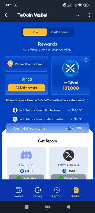 Screenshot of TeQoin Wallet app showing a Rewards page with 101,000 TePoint balance, daily reward, and options to earn more TePoint by joining Discord or following Official X.