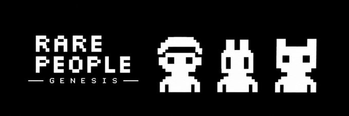 A black and white pixel art logo reads "RARE PEOPLE GENESIS" alongside three stylized 8-bit character icons.