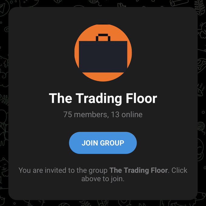 A screenshot of an invitation to join "The Trading Floor" group, showing it has 75 members with 13 online, and a blue "JOIN GROUP" button. The image humorously plays into the post's joke about being invited to a "Robinhood cabal" by presenting a trading-themed group invite as if it were an exclusive secret society.