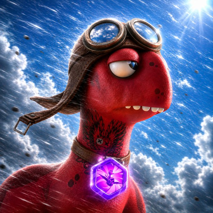 A close-up of a red, cartoonish monster character with one large eye, wearing a leather aviator cap and goggles, with a glowing purple hexagonal pendant around its neck against a stormy blue sky.