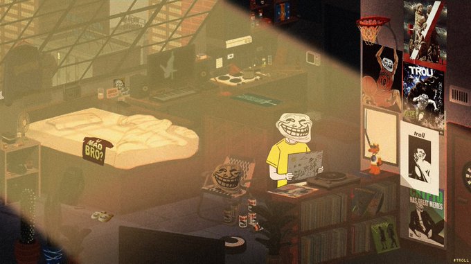 Pixel art illustration of a trollface character in a yellow shirt standing in a sunlit bedroom holding a laptop, with posters and troll-related merchandise visible around the room.