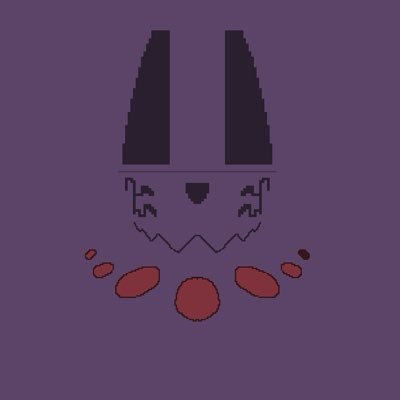 A pixel art image of a dark, hooded figure with long ears, a jagged mouth, and a red collar-like ring against a purple background.