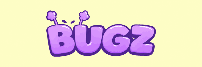 A yellow background with the word 'BUGZ' written in large, purple, bubble-style letters with antennae.