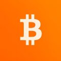 !!!B!!! is displayed against a gradient orange background, with the word "bitcoin" written in white capital letters below it.