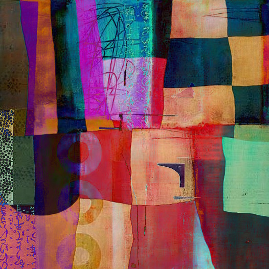 An abstract, colorful collage-style artwork features overlapping rectangular blocks of vibrant red, blue, teal, and orange tones with various textures and patterns.