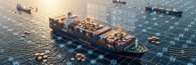 A container ship labeled "EthraShip" floats on a digital sea overlaid with blockchain data streams, illustrating the concept of tokenized cargo ship ownership. Floating data panels display metrics like "ETH" and percentage values, visually representing how real-world shipping assets could be fractionalized into affordable digital shares.