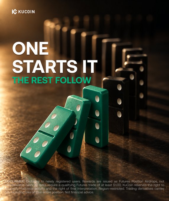 The image is a KuCoin promotional ad featuring green dominoes mid-fall, symbolizing a chain reaction or following a trend, with the bold headline "ONE STARTS IT, THE REST FOLLOW" alongside a disclaimer about Futures Position Airdrops for new users. It visually reinforces the post's message about choosing a trading style, suggesting that early adopters on KuCoin can set the pace for others to follow.