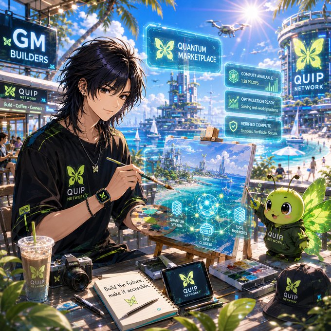 A young artist in a "QUIP Network" shirt paints a futuristic seaside city scene at the "QUIP Quantum Marketplace" café, with the painting itself displaying "QUIP Quantum System," "GPU Cluster," and "Edge Branches" alongside floating panels reading "Compute Available - 1.28 Pflops," "Optimization Ready - Solving real-world problems," and "Verified Compute - Trustless, Verifiable, Secure," while a small green butterfly-mascot watches over the work.

The image visually represents the post's theme of discovering Quip Network's decentralized compute marketplace, depicting the artist pausing his creative day with an iced coffee to learn about the "build the future, make it accessible" vision of connecting compute providers with users.