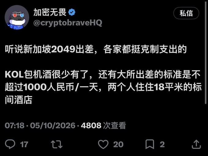A Chinese tweet from @cryptobraveHQ discussing budget constraints for crypto companies at Singapore 2049, mentioning limited KOL events and a daily allowance cap of 1000 RMB with 18-square-meter hotel rooms.