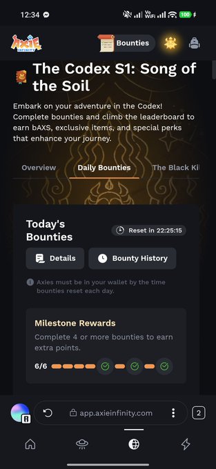 A mobile screenshot from app.axieinfinity.com showing 'The Codex S1: Song of the Soil' Daily Bounties page with a 6/6 milestone reward progress bar.