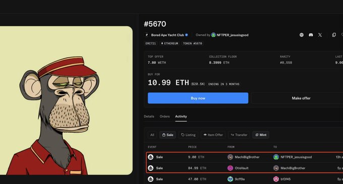 An NFT marketplace listing for 'Bored Ape Yacht Club #5670' showing a price of 10.99 ETH.