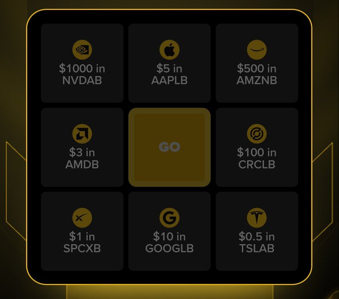 A tic-tac-toe style game board with stock options like '$1000 in NVDAB', '$5 in AAPLB', and '$0.5 in TSLAB' arranged in a grid around a center 'GO' button.