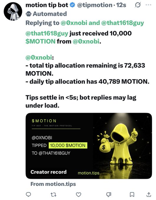 The image shows an automated tweet from @tipmotion (motion tip bot) confirming that @0xnobi sent 10,000 $MOTION to @that1618guy, with a remaining tip allocation of 72,633 $MOTION and a daily allowance of 40,789 $MOTION, accompanied by a graphic featuring a yellow hooded figure. This post directly supports the user's claim about actively using the motion tipping protocol to send hundreds of dollars in tips on the Robinhood chain timeline, showcasing a specific example of their tipping activity.