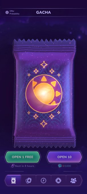 The image shows a "GACHA" screen from the Sleepagotchi app, featuring a purple celestial-themed booster pack with "OPEN 1 FREE" (available in 8 hours) and "OPEN 10" (costing 1,000 points) options. This relates to the post as the user has earned 1,100 Sleep Points, which can be used to open GACHA packs and collect new Sleepagotchi characters as part of Season 2's expanded content.