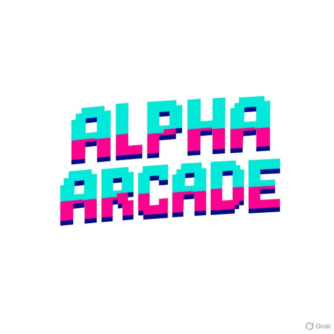 A pixel art style logo with the text 'ALPHA ARCADE' in cyan and pink on a white background, with a small 'Grok' watermark in the corner.