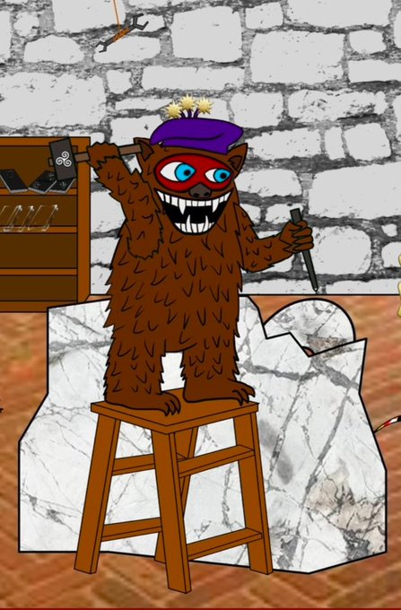 A cartoonish brown furry creature wearing a purple hat and red mask stands on a wooden stool, holding a chisel against a marble block in a stone workshop.
