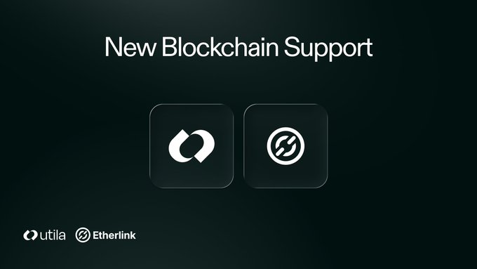 An announcement graphic titled 'New Blockchain Support' featuring logos for Utila and Etherlink on a dark background.