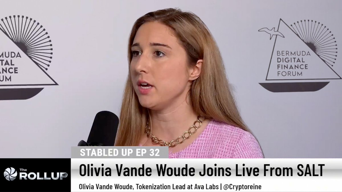 A woman with long blonde hair, wearing a pink textured top and gold chain necklace, speaks into a microphone at the Bermuda Digital Finance Forum. On-screen text identifies her as Olivia Vande Woude, Tokenization Lead at Ava Labs (@Cryptoreine), featured on "The Rollup" podcast's "Stabled Up EP 32" segment. The image visually supports the post's discussion of tokenized finance benefits for businesses, with Woude serving as the expert explaining blockchain integration advantages.