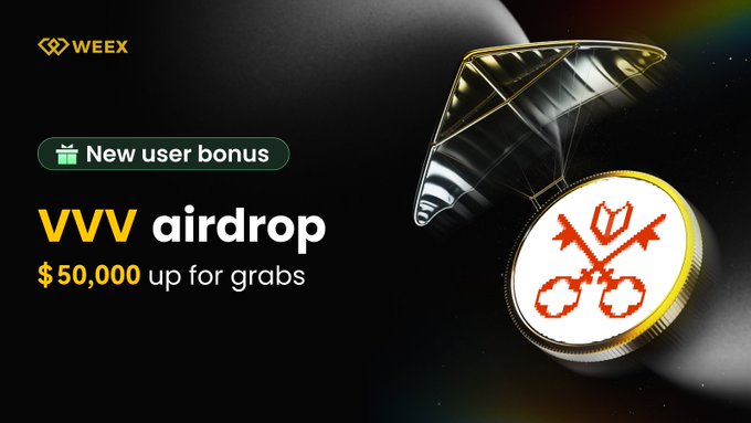 A promotional graphic for 'WEEEX' advertising a 'New user bonus' VVV airdrop with '$50,000 up for grabs', featuring a black diamond and a gold coin.