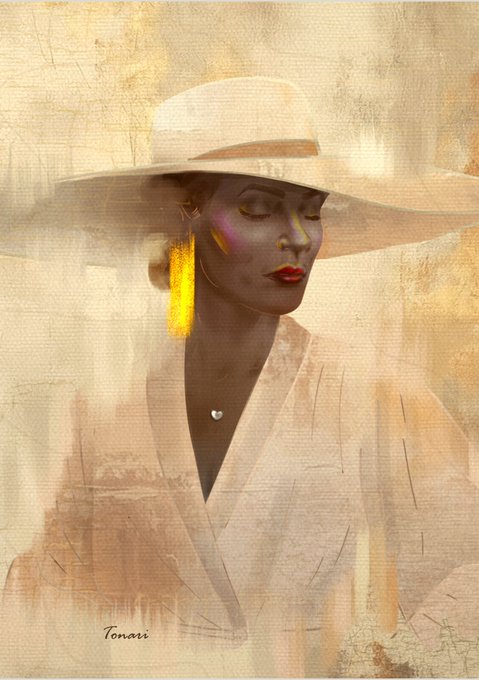 A stylized digital painting features a woman wearing a wide-brimmed hat and a draped garment, looking downwards with vibrant yellow makeup accents. The artist's signature, "Tonari", is visible in the bottom left corner.
