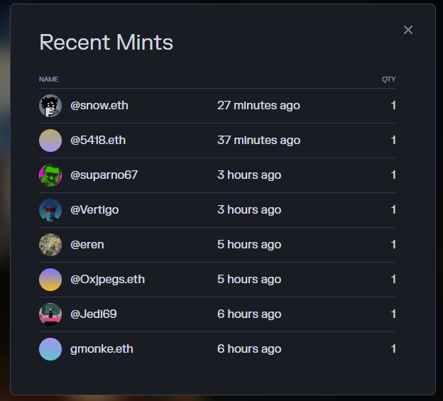 A dark-themed interface displays 'Recent Mints' listing usernames like @snow.eth, @5418.eth, @suparno67, @Vertigo, @eren, @0xjpegs.eth, @Jedi69, and gmonke.eth with timestamps and quantities of 1.