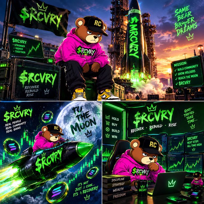 A collage of AI-generated images promoting the $RCVRY token, featuring a brown bear mascot wearing a pink hoodie and 'RC' cap in various scenes including sitting atop a rocket, riding a missile to the moon with text 'TO THE MOON,' and trading at a desk, with slogans like 'SAME BEAR BIGGER DREAMS' and 'RECOVER · REBUILD · RISE.'