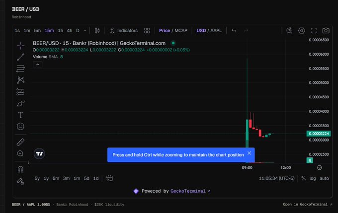 A Robinhood candlestick chart for "BEER/USD" on the GeckoTerminal, showing a dramatic green price spike with a tooltip reading "Press and hold Ctrl while zooming to maintain the chart position".