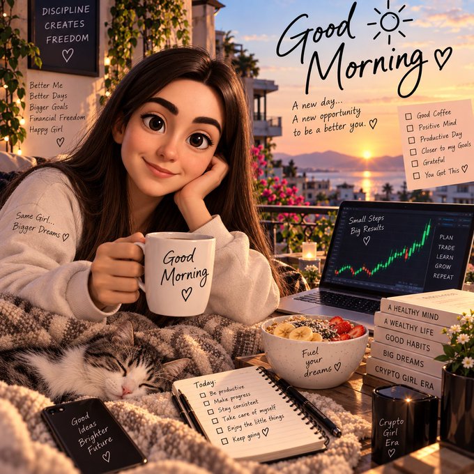 A stylized illustration of a girl on a balcony holding a 'Good Morning' mug, surrounded by motivational text including 'DISCIPLINE CREATES FREEDOM', 'A new day... A new opportunity to be a better you', and a checklist of positive habits, with a laptop showing a rising stock chart.