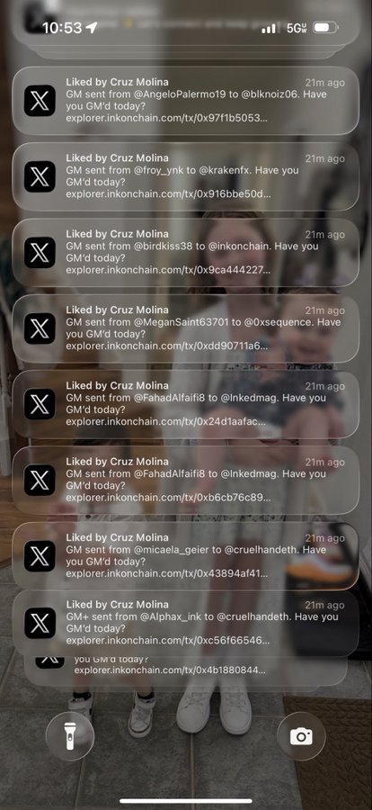 An iPhone screenshot showing a stack of X (Twitter) notifications, all indicating that posts by 'Cruz Molina' have been 'Liked,' with each notification containing a GM message with a link to explorer.inkonchain.com.