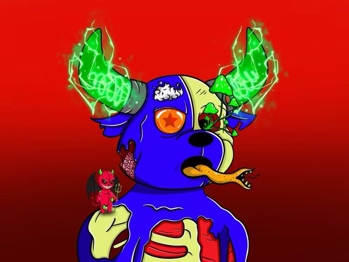 Cartoon illustration of a grotesque blue bear-like creature with exposed innards and green flame-emitting horns, with a small red devil character beside it, set against a red background.