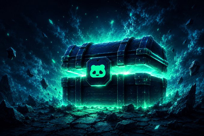 A glowing teal-and-black treasure chest featuring a panda emblem sits amid swirling energy and floating debris, symbolizing the prize payout from BetPanda's $750K World Cup Race promotion. The chest's radiant glow and panda logo directly reinforce the post's message about winners claiming their early reward.