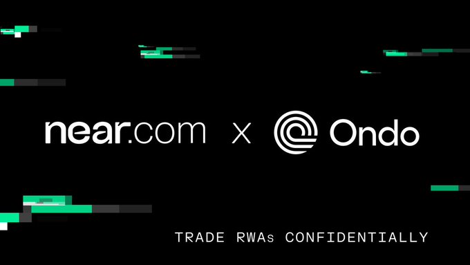 This image displays a partnership announcement graphic featuring the "near.com" and "Ondo" logos against a black background with green pixelated accents, promoting the message "TRADE RWAs CONFIDENTIALLY."

The image relates to the post by illustrating the collaboration between NEAR Protocol and Ondo that enables confidential trading of real-world assets (RWAs), addressing the concern about public blockchain transactions broadcasting fund positions to front-runners.