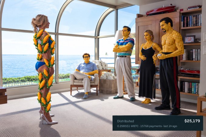 A 3D-rendered scene featuring five stylized characters in a sunlit room overlooking the ocean, with one figure wearing a corn cob suit; an overlay reads 'Distributed $25,179 / 0.298351 WBTC · 15766 payments · last 1h ago'.
