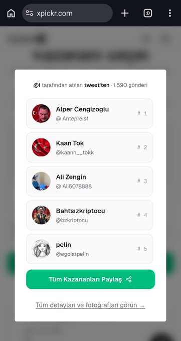 A Twitter giveaway results screen from xpickr.com shows the top 5 winners: @Antepreis1, @kaann__tokk, @Ali5078888, @bzkriptocu, and @egoistpelin, with a green "Tüm Kazananları Paylaş" (Share All Winners) button to share the results.