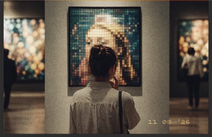 A person viewed from behind looks at a pixelated artwork resembling the Mona Lisa in a gallery setting, with a vintage date stamp '11 03 '22' in the corner.