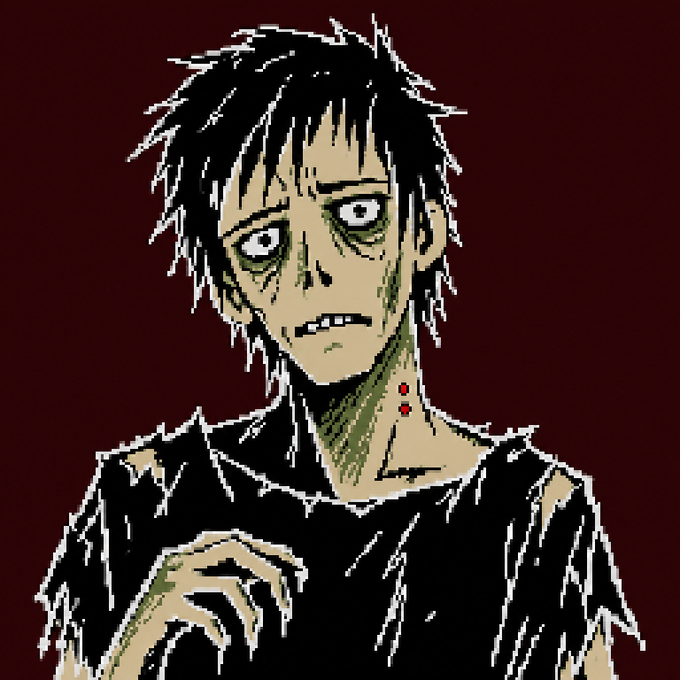 A pixel-art illustration of a gaunt, distressed-looking character with messy black hair, sunken eyes, and a tattered black shirt against a dark red background.