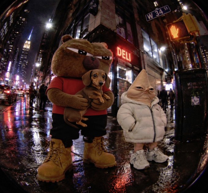 Stylized fisheye-lens image of a teddy bear mascot in a red shirt and Timberland boots holding a dachshund, standing next to a person in a white puffy coat and cone-shaped mask on a rainy New York City street near W 34 St and a DELI.