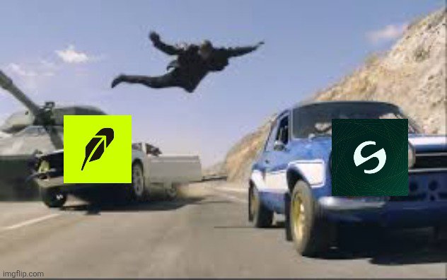 The image shows a person jumping between a helicopter (marked with a feather/quill logo) and a blue truck (marked with a green "S" logo), referencing the meme of jumping from one thing to another. The two logos appear to represent different blockchain networks or platforms, humorously illustrating how users keep migrating between chains like Solana, Base, Robinhood, and Stable, making themselves "exit liquidity" everywhere they go.