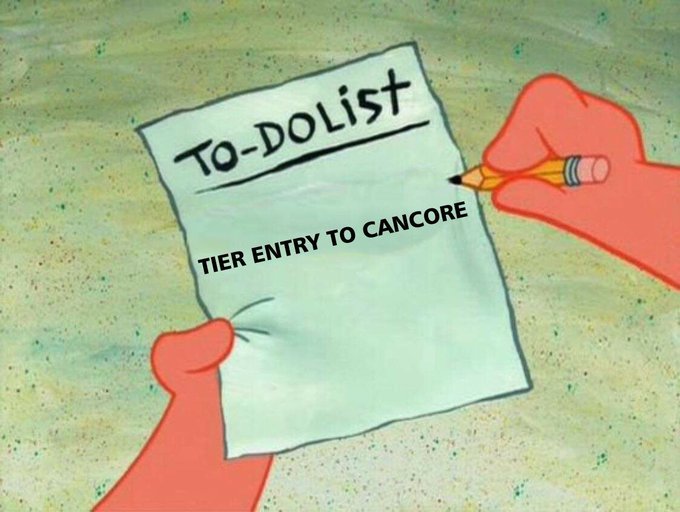A cartoon hand holds a pencil over a "TO-DO LIST" with "TIER ENTRY TO CANCORE" written on it, suggesting that joining CanCore (cancore_io) should be on your checklist. The image playfully reinforces the post's message that early testers and contributors will be rewarded during the Genesis/mainnet rollout.