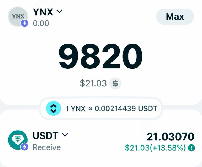 A cryptocurrency conversion screen showing 9,820 YNX worth $21.03, with 1 YNX ≈ 0.00214439 USDT and a USDT receive balance of 21.03070.