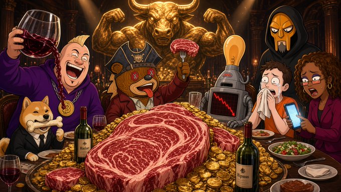 Colorful illustration of various characters including a doge in a suit, a pirate, a golden bull statue, and a woman, gathered around a massive raw steak on a pile of gold coins.