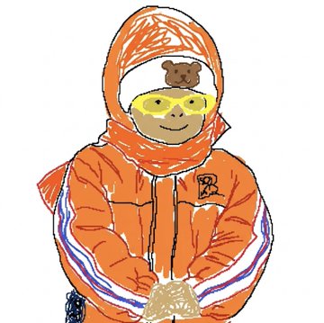A simple digital drawing of a person wearing an orange hooded jacket with white and purple stripes, yellow sunglasses, and a white headband featuring a small brown bear.