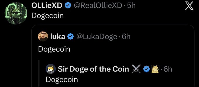 A screenshot of X (Twitter) posts where OLLieXD, luka, and 'Sir Doge of the Coin' all simply post the word 'Dogecoin'.