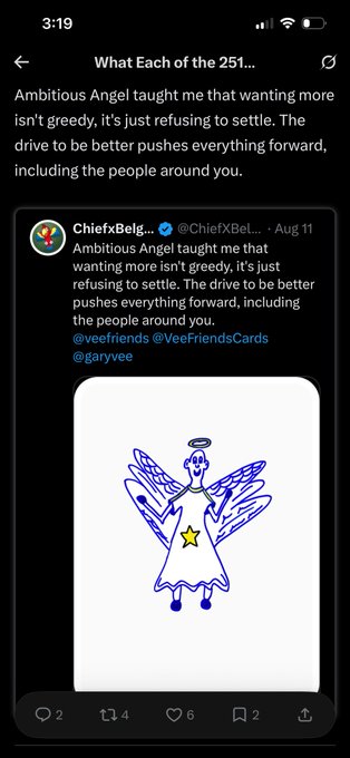 A tweet screenshot from @ChiefXBelgi titled 'What Each of the 251...' shares the message: 'Ambitious Angel taught me that wanting more isn't greedy, it's just refusing to settle...' above a blue angel doodle.