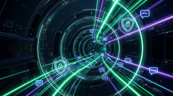 A futuristic digital tunnel featuring glowing green and purple light streaks with security shield icons and chat bubbles floating throughout.