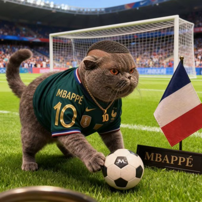 A humorous AI-generated image of a gray cat wearing a green France soccer jersey with 'MBAPPÉ 10' on it and a gold chain, standing on a soccer field with a ball, French flag, and 'MBAPPÉ' nameplate.