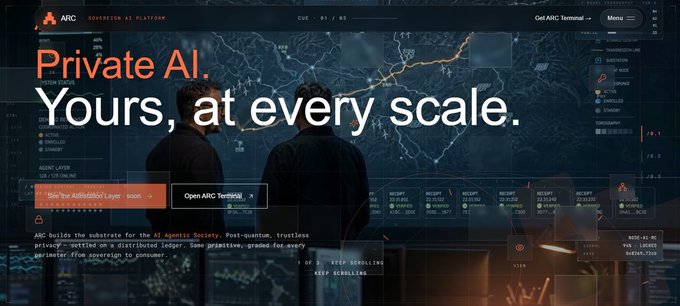 The image features an online banner for a website called "ARC" with two men standing next to each other against a dark background. The banner also includes text that reads "Private AI. Yours, at every scale." This suggests that the website is related to artificial intelligence and machine learning or possibly a platform where users can develop their skills in these areas. The image also contains some text about attention itself being a skill-based game with rewards for consistency of style.